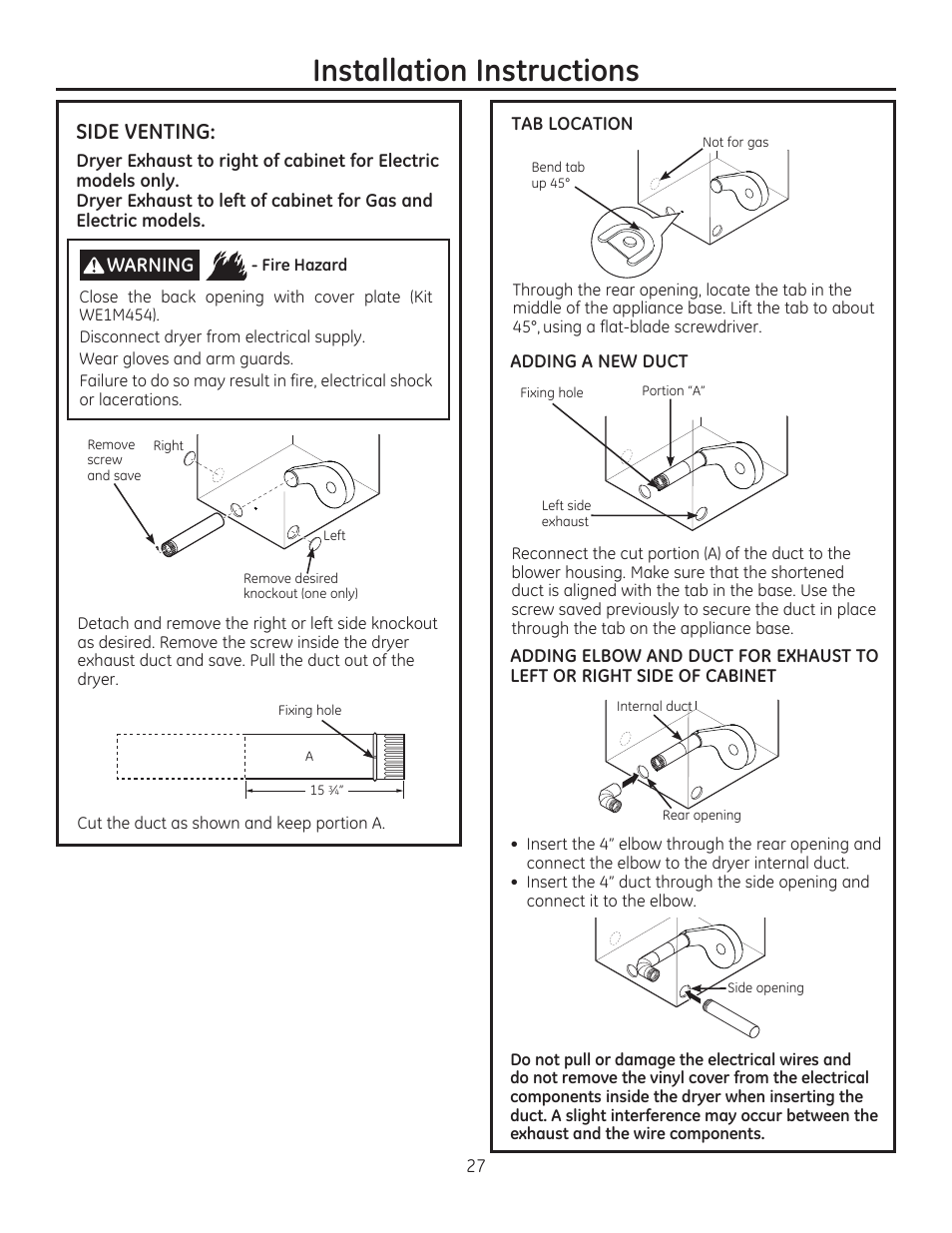 Installation instructions, Side venting, Warning | GE GFDR480GFWW User Manual | Page 27 / 144