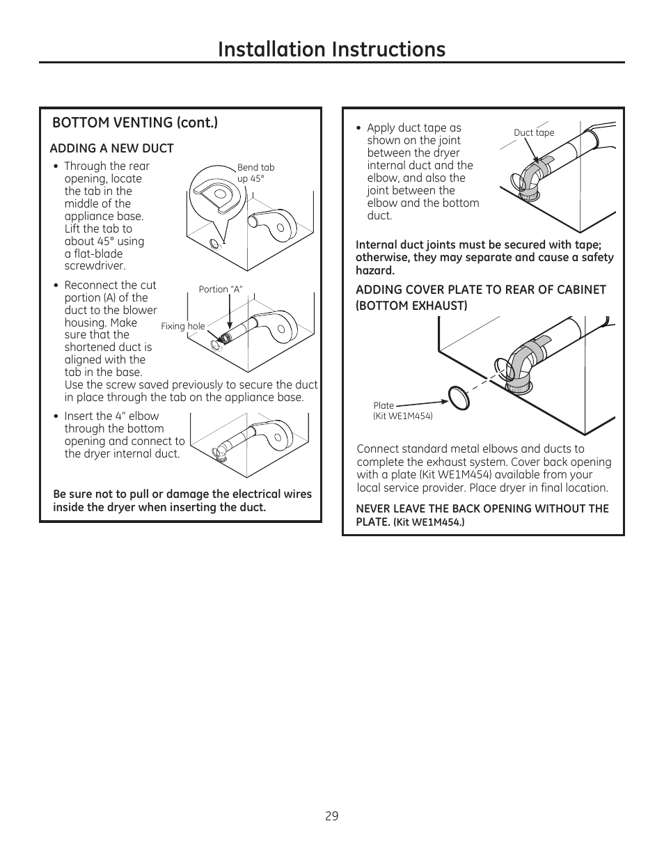 Installation instructions, Bottom venting (cont.) | GE GFDR480GFWW User Manual | Page 29 / 144