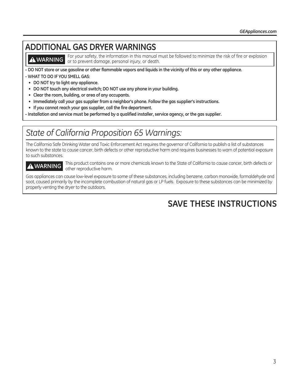 Additional gas dryer warnings, State of california proposition 65 warnings, Save these instructions | GE GFDR480GFWW User Manual | Page 3 / 144