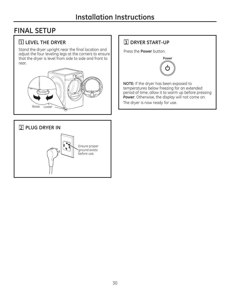 Final setup installation instructions | GE GFDR480GFWW User Manual | Page 30 / 144