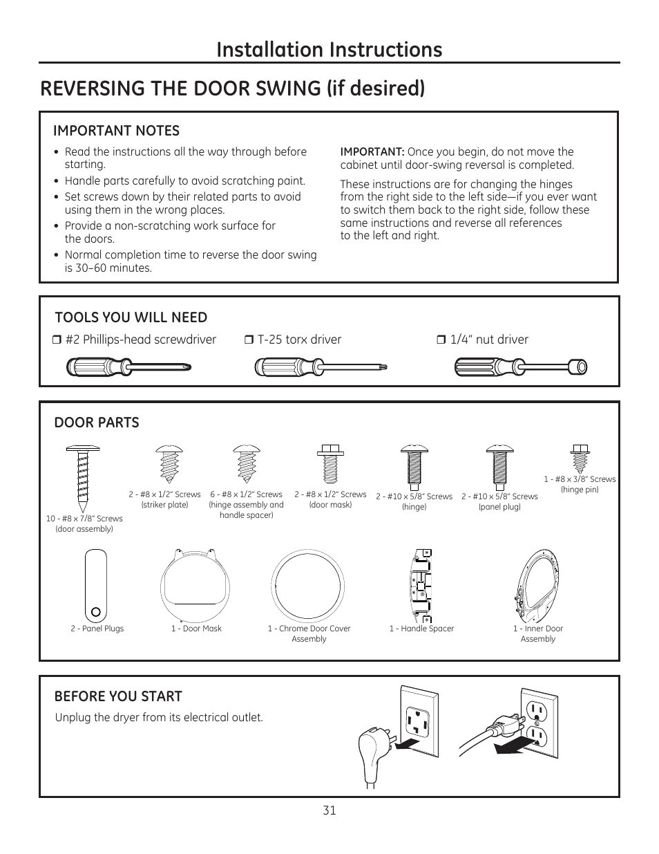 Tools you will need door parts, Before you start | GE GFDR480GFWW User Manual | Page 31 / 144