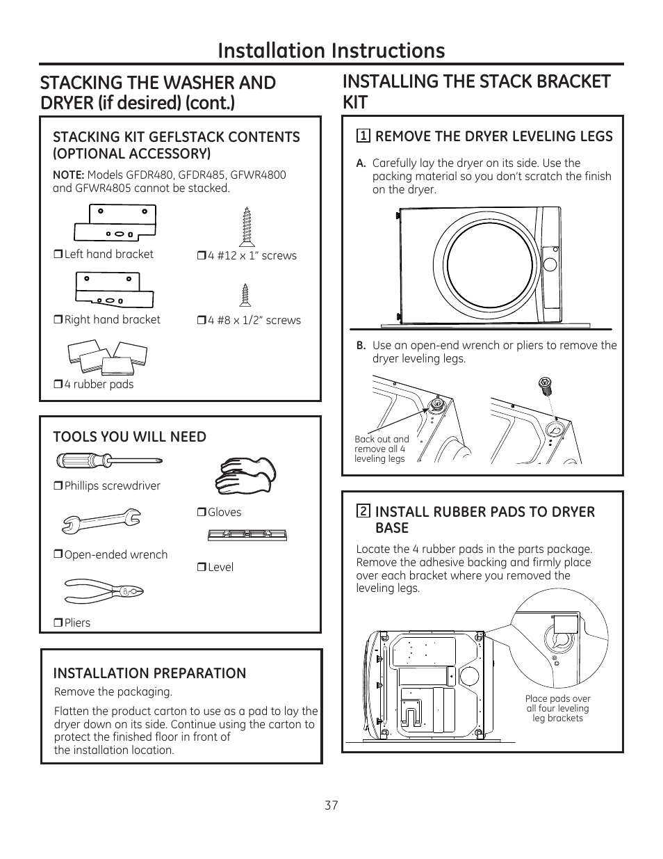 Installation instructions, Stacking the washer and dryer (if desired) (cont.), Installing the stack bracket kit | GE GFDR480GFWW User Manual | Page 37 / 144