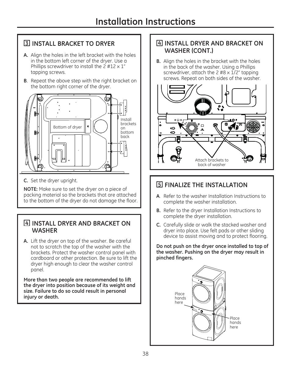 Installation instructions, Install bracket to dryer, Install dryer and bracket on washer | Finalize the installation, Install dryer and bracket on washer (cont.) | GE GFDR480GFWW User Manual | Page 38 / 144