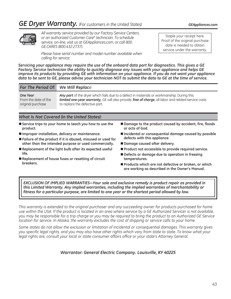 Ge dryer warranty | GE GFDR480GFWW User Manual | Page 43 / 144