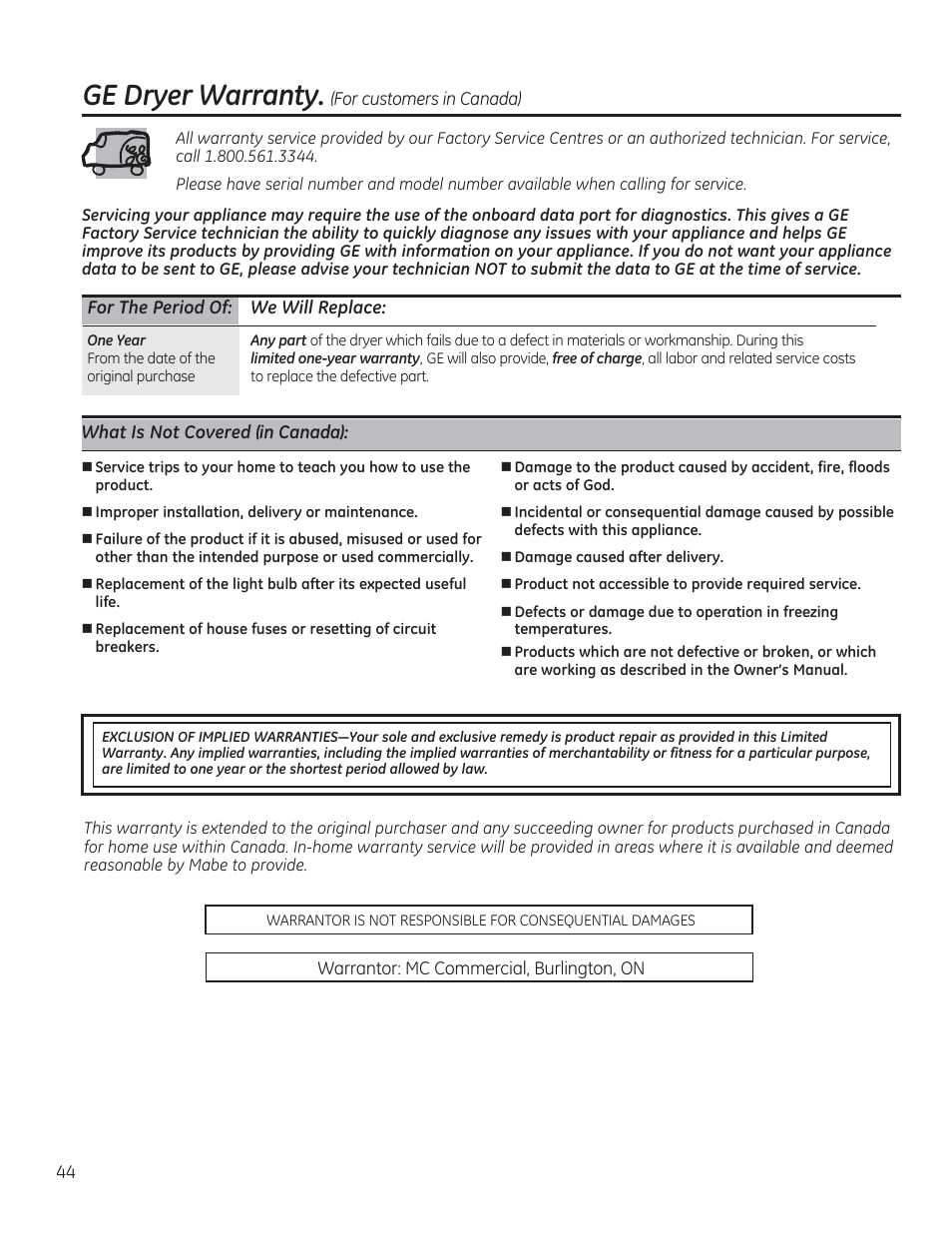 Ge dryer warranty | GE GFDR480GFWW User Manual | Page 44 / 144