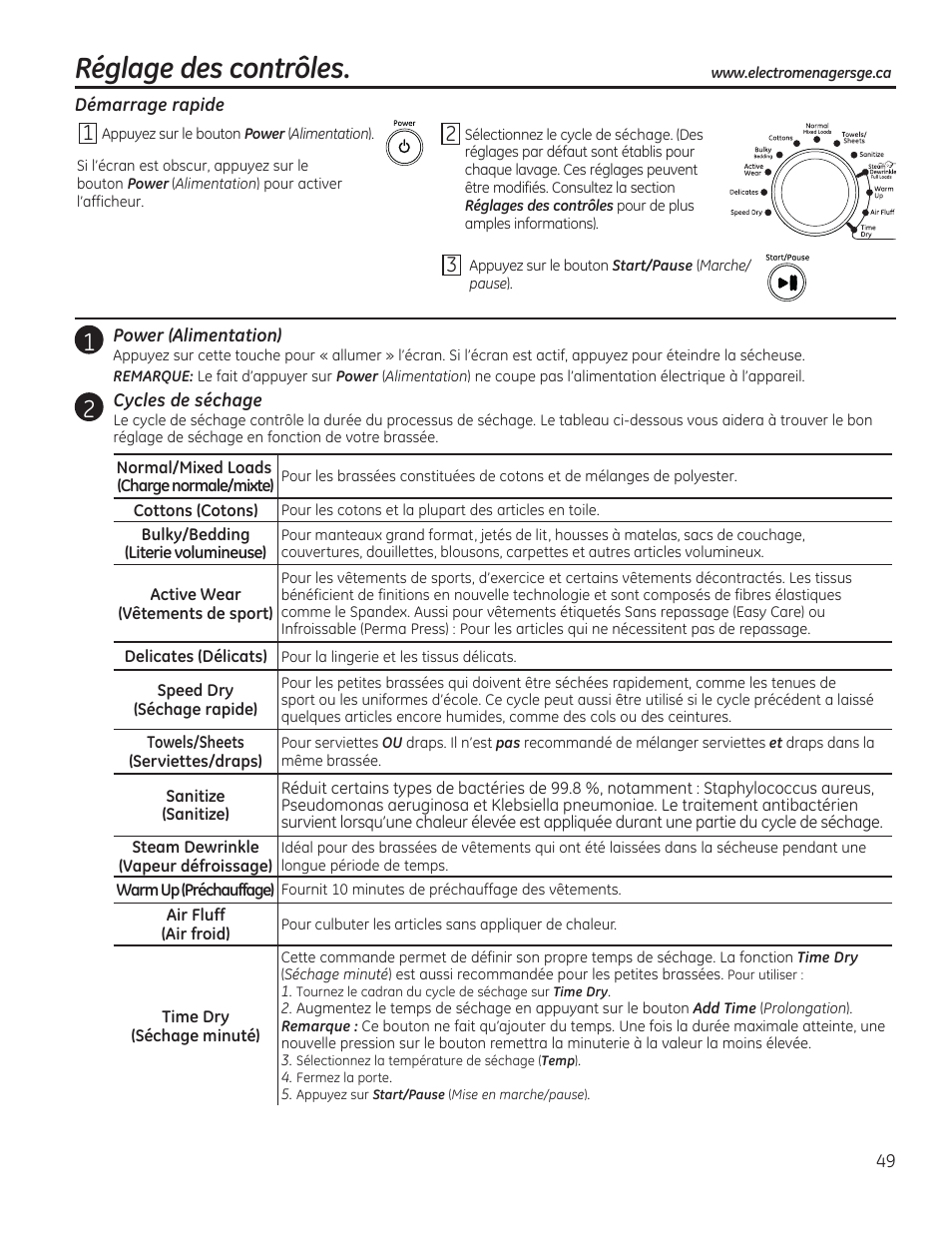 Réglage des contrôles | GE GFDR480GFWW User Manual | Page 49 / 144