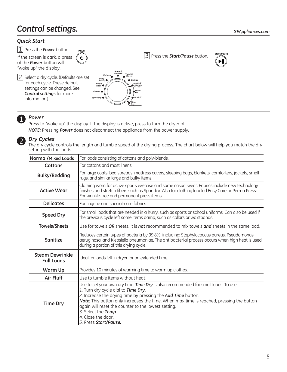 Control settings | GE GFDR480GFWW User Manual | Page 5 / 144