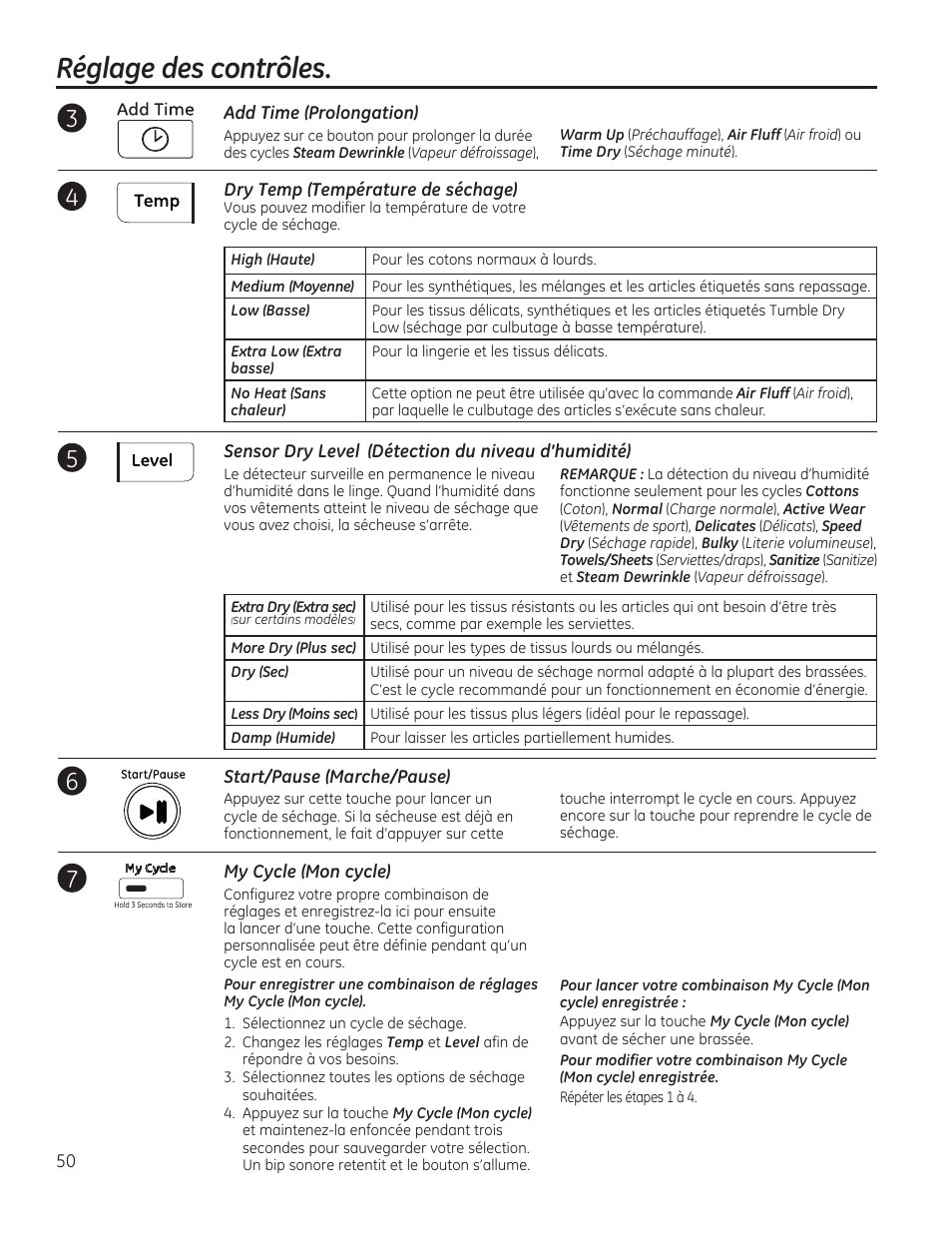 Réglage des contrôles | GE GFDR480GFWW User Manual | Page 50 / 144