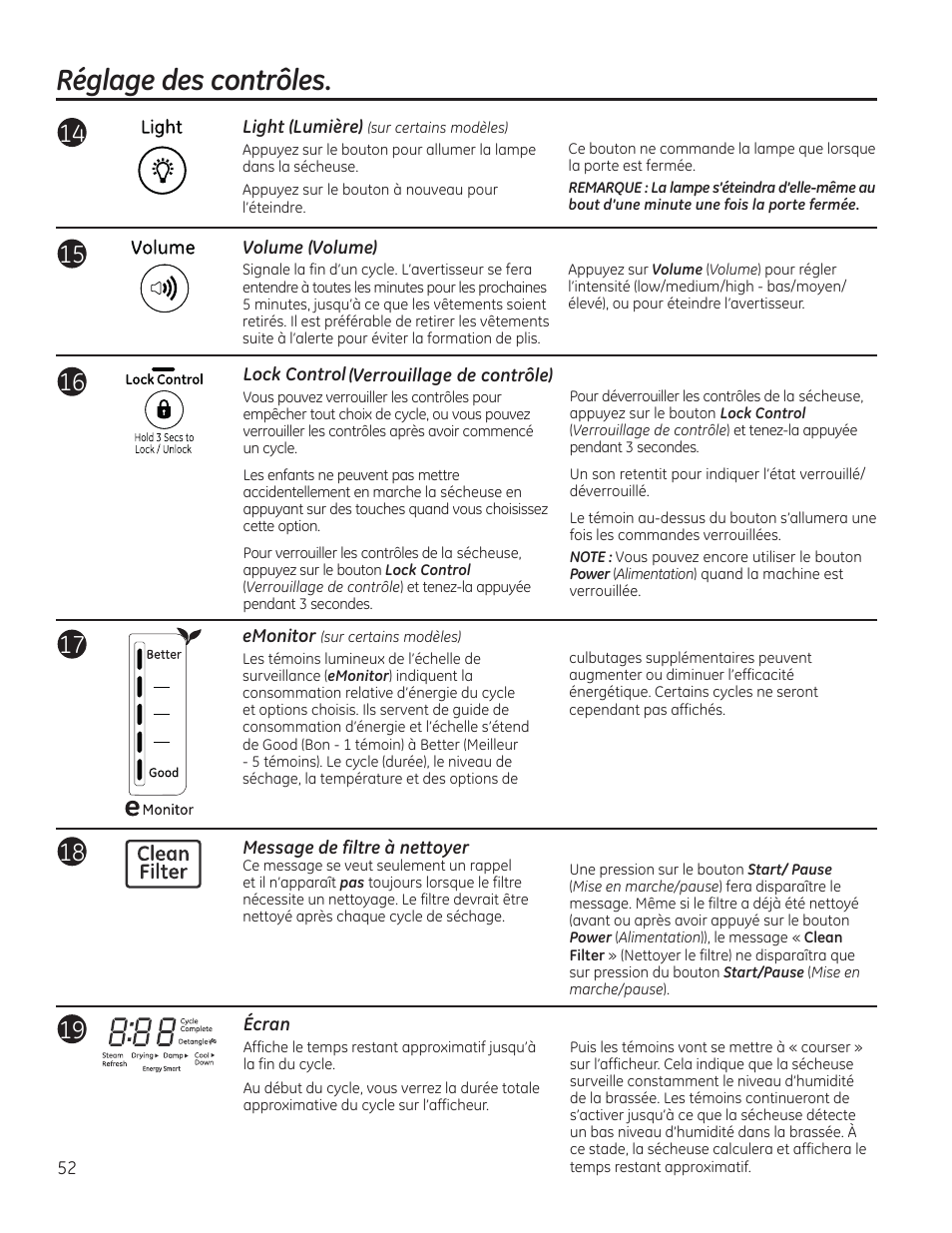 Réglage des contrôles | GE GFDR480GFWW User Manual | Page 52 / 144