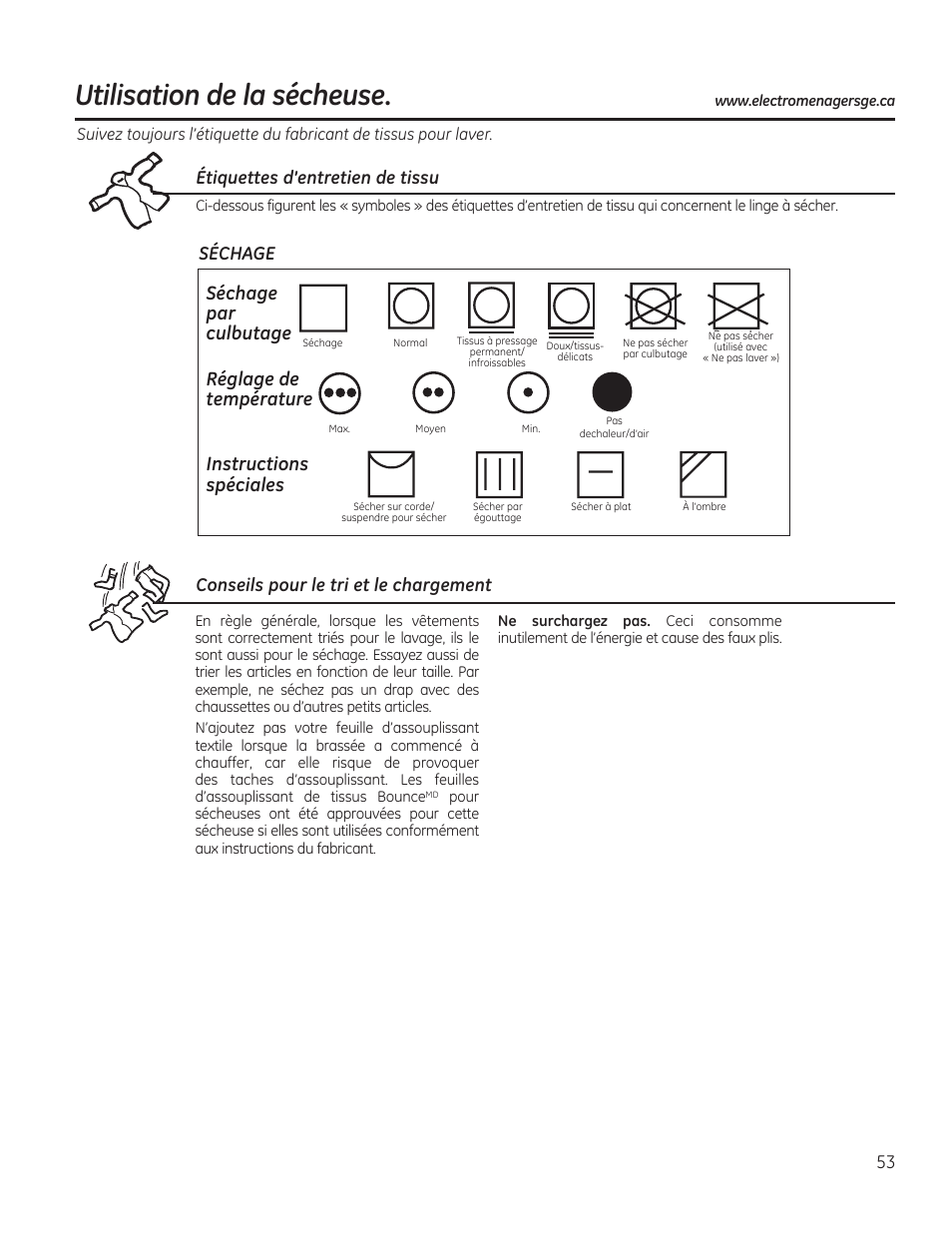 Utilisation de la sécheuse, Heat setting, Tumble dry | Special instructions, Étiquettes d’entretien de tissu, Conseils pour le tri et le chargement, Séchage | GE GFDR480GFWW User Manual | Page 53 / 144