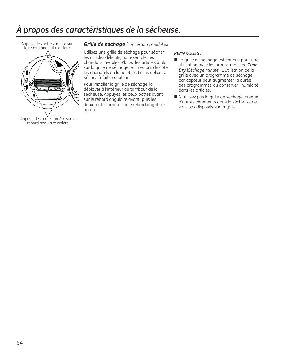 À propos des caractéristiques de la sécheuse | GE GFDR480GFWW User Manual | Page 54 / 144