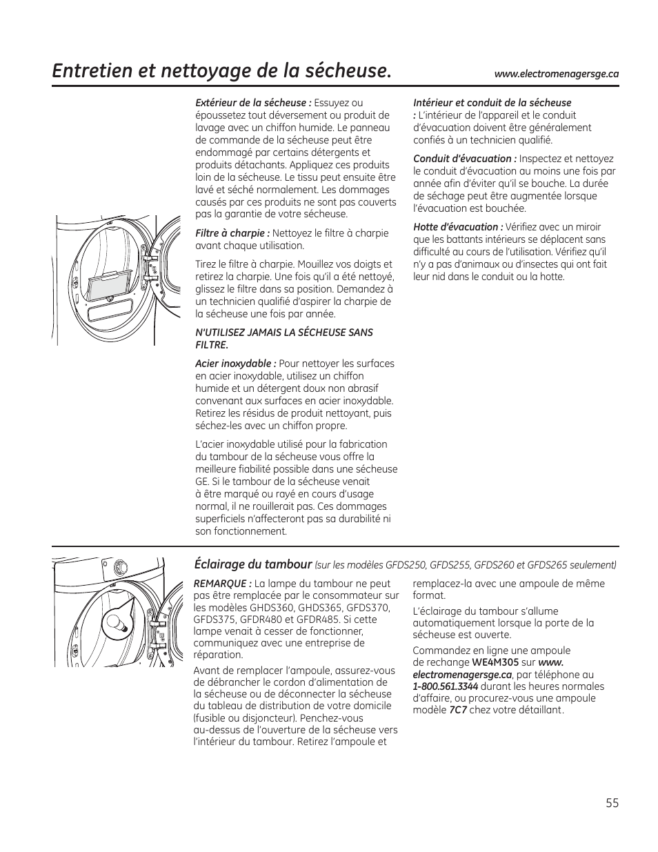 Entretien et nettoyage de la sécheuse | GE GFDR480GFWW User Manual | Page 55 / 144