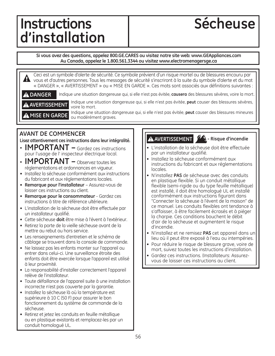 Instructions sécheuse d’installation, Important | GE GFDR480GFWW User Manual | Page 56 / 144