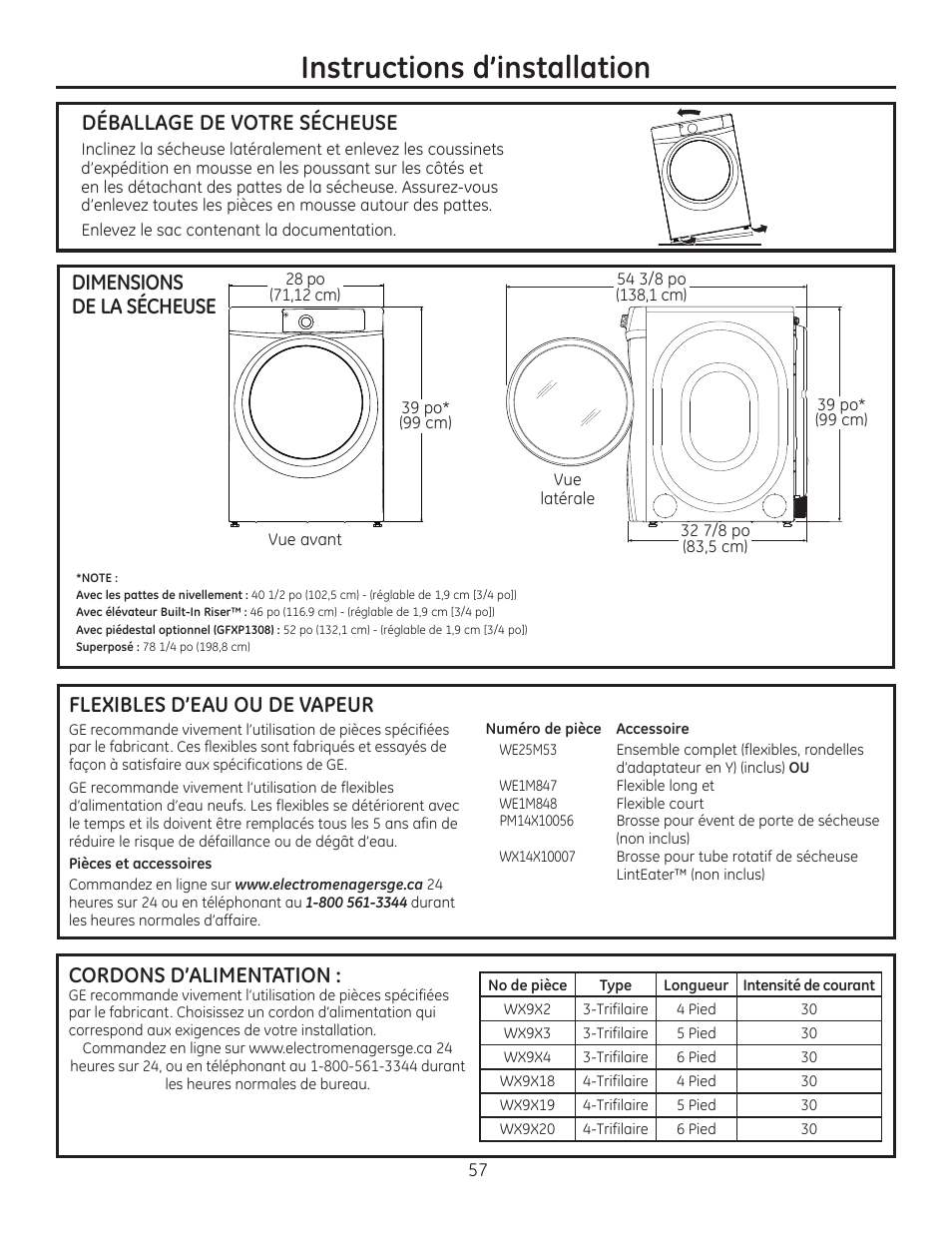 Instructions d’installation, Dimensions de la sécheuse cordons d’alimentation | GE GFDR480GFWW User Manual | Page 57 / 144