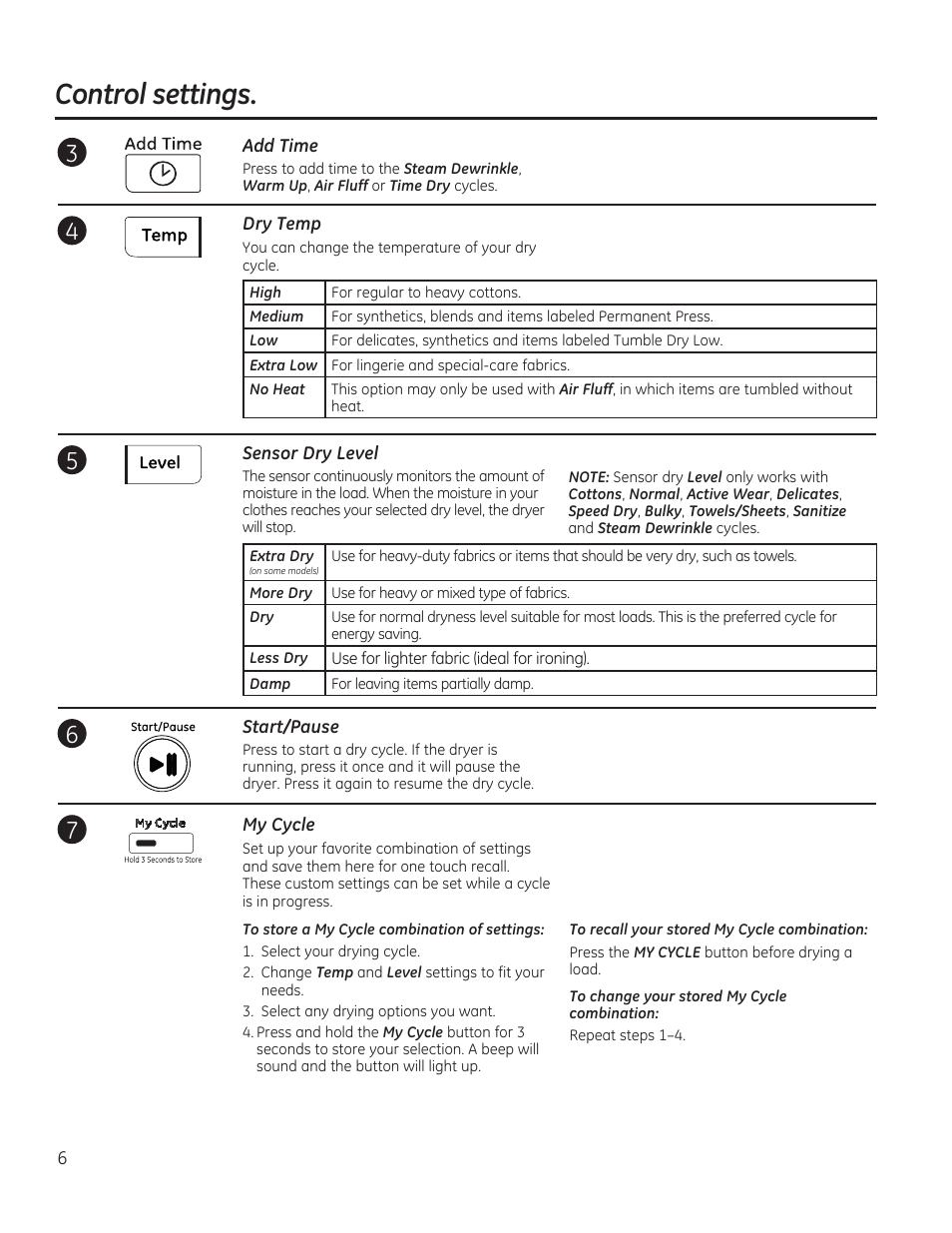 Control settings | GE GFDR480GFWW User Manual | Page 6 / 144