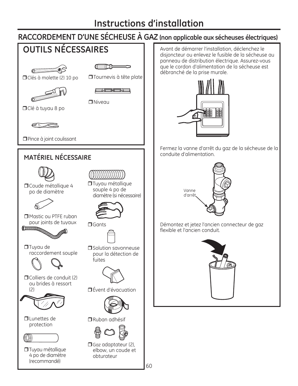 Instructions d’installation, Outils nécessaires, Raccordement d’une sécheuse à gaz | Non applicable aux sécheuses électriques), Matériel nécessaire | GE GFDR480GFWW User Manual | Page 60 / 144