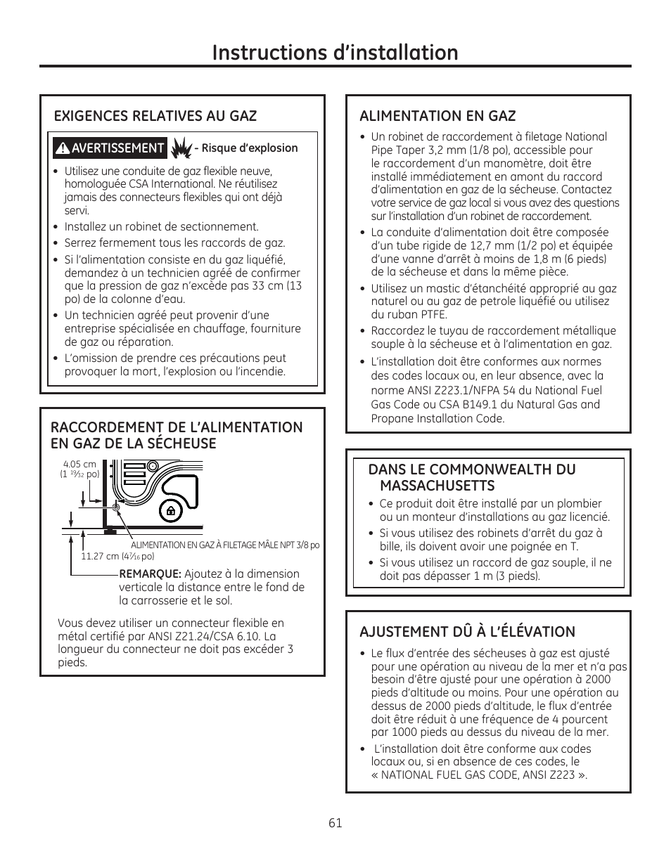 Instructions d’installation, Exigences relatives au gaz alimentation en gaz, Dans le commonwealth du massachusetts | Ajustement dы а l’élévation | GE GFDR480GFWW User Manual | Page 61 / 144