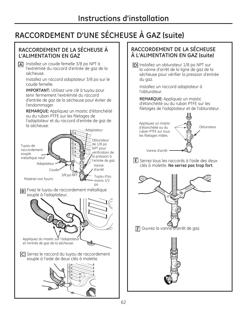 Instructions d’installation, Raccordement d’une sécheuse à gaz (suite) | GE GFDR480GFWW User Manual | Page 62 / 144