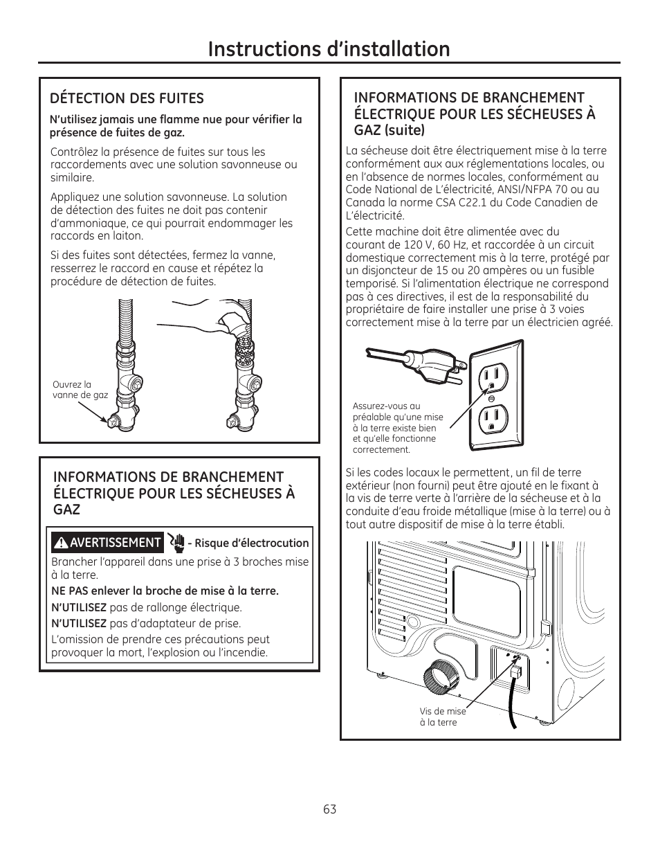 Instructions d’installation, Détection des fuites | GE GFDR480GFWW User Manual | Page 63 / 144