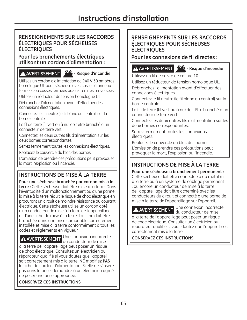 Instructions d’installation | GE GFDR480GFWW User Manual | Page 65 / 144