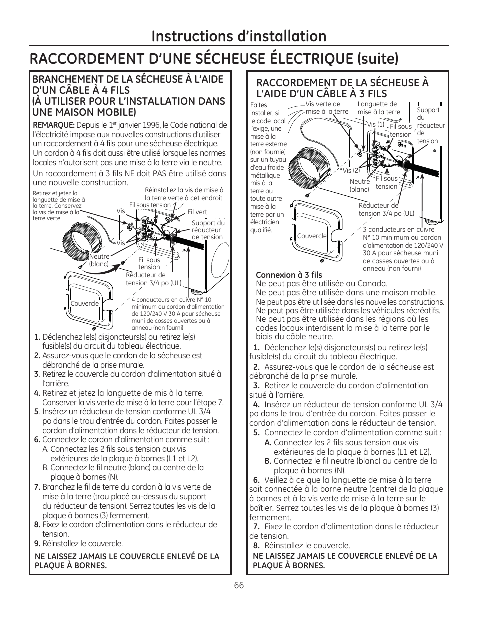 Instructions d’installation, Raccordement d’une sécheuse électrique (suite) | GE GFDR480GFWW User Manual | Page 66 / 144
