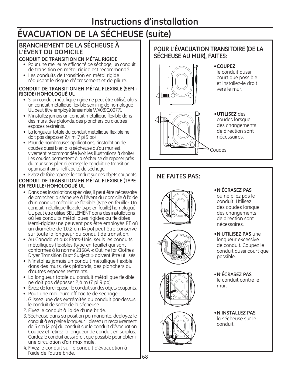 Ne faites pas, Branchement de la sécheuse à l’évent du domicile | GE GFDR480GFWW User Manual | Page 68 / 144