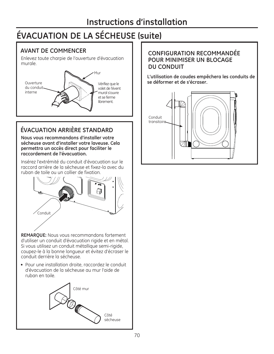 Avant de commencer, Évacuation arrière standard | GE GFDR480GFWW User Manual | Page 70 / 144