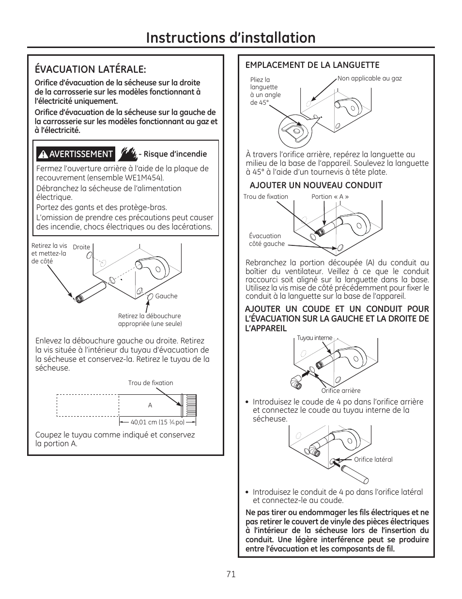 Instructions d’installation, Évacuation latérale | GE GFDR480GFWW User Manual | Page 71 / 144