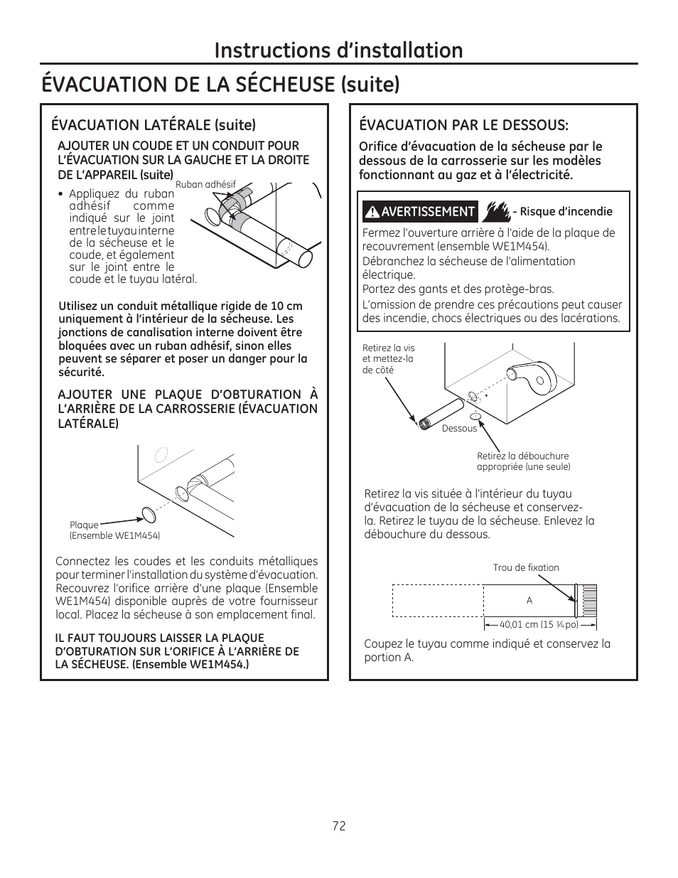 Évacuation latérale (suite), Évacuation par le dessous | GE GFDR480GFWW User Manual | Page 72 / 144