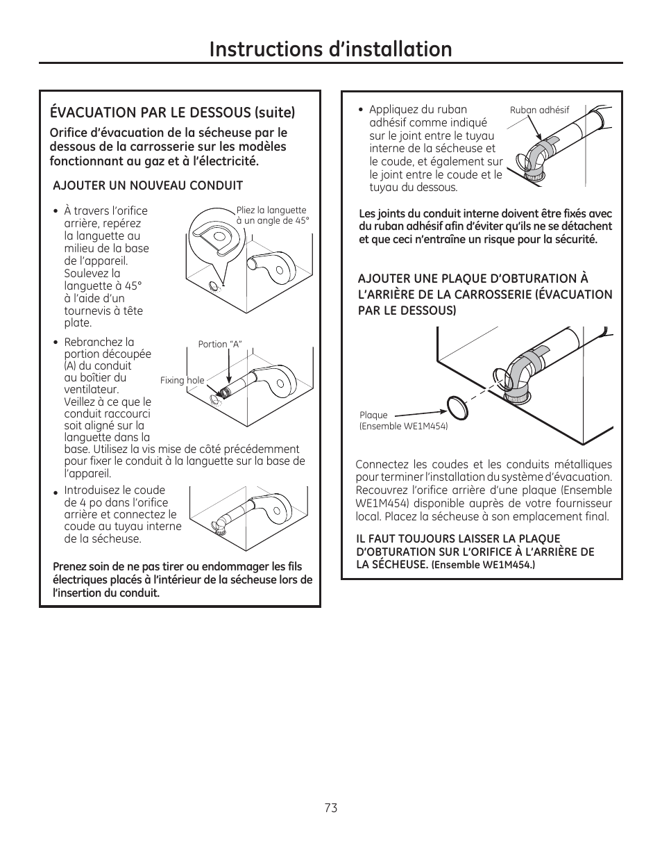 Instructions d’installation, Évacuation par le dessous (suite) | GE GFDR480GFWW User Manual | Page 73 / 144