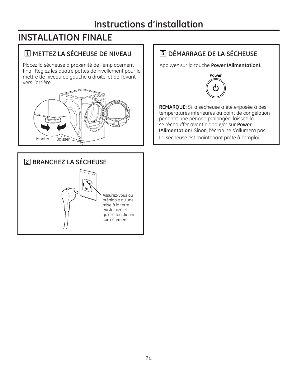 Instructions d’installation, Installation finale | GE GFDR480GFWW User Manual | Page 74 / 144