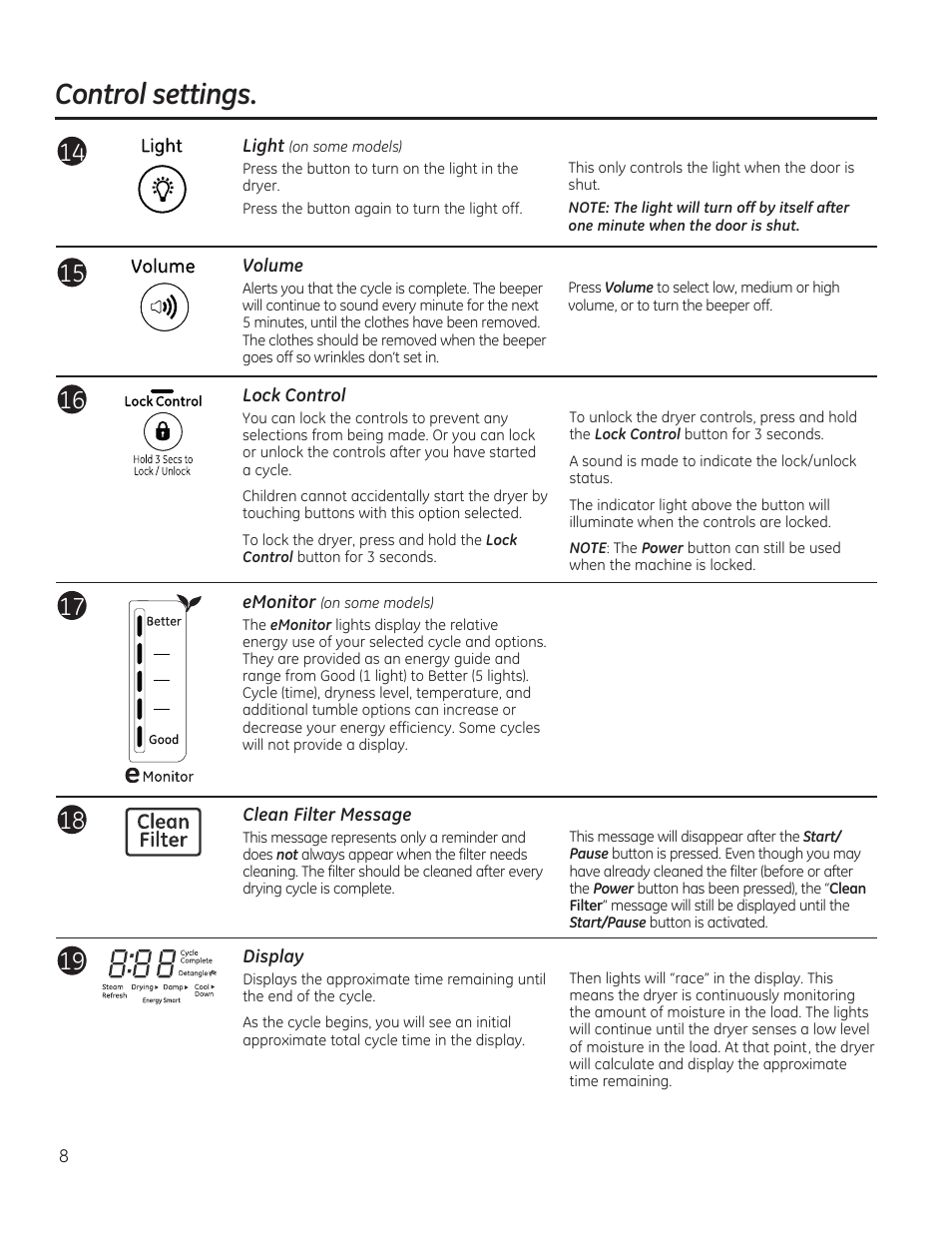 Control settings | GE GFDR480GFWW User Manual | Page 8 / 144
