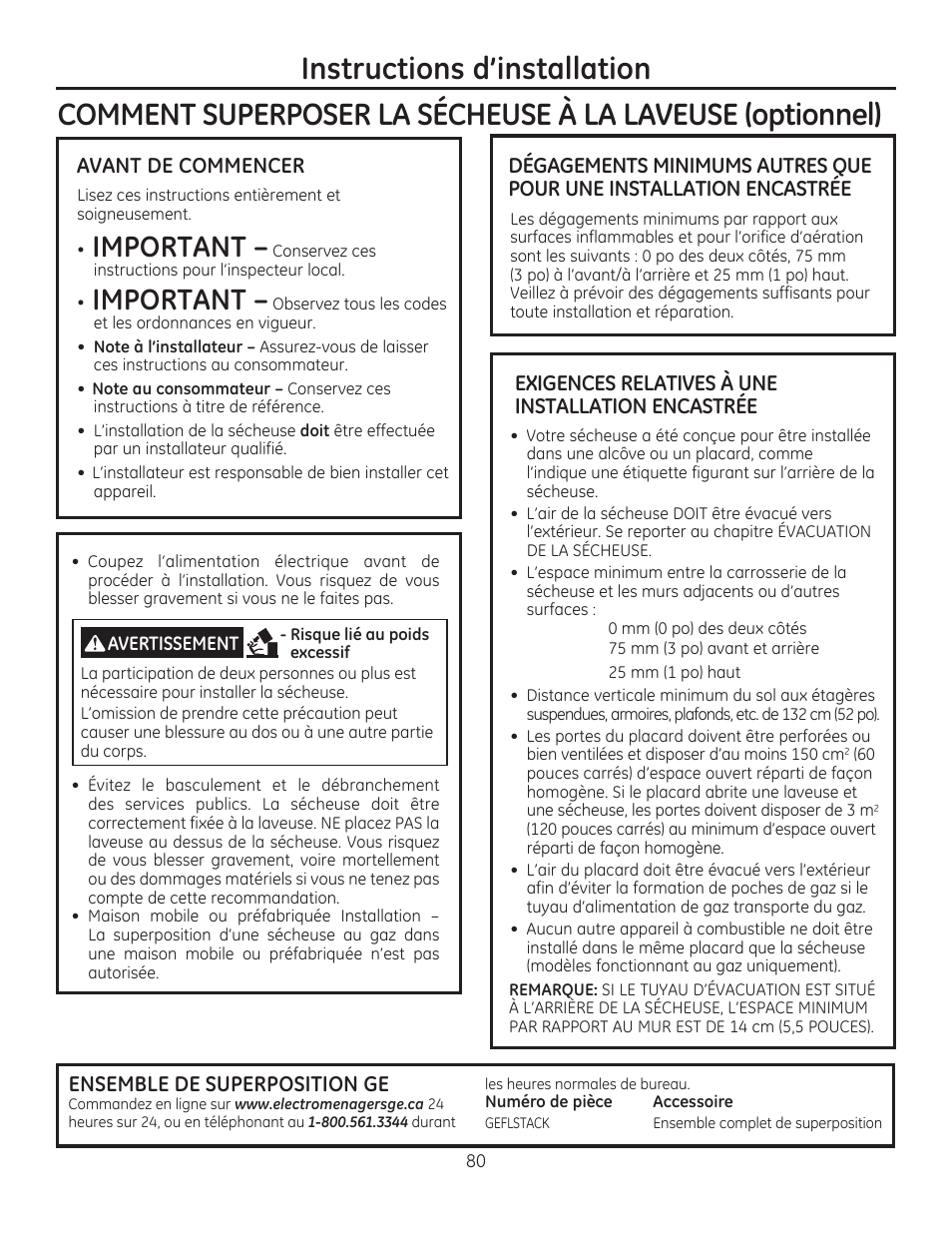 Important, Avant de commencer, Exigences relatives à une installation encastrée | Ensemble de superposition ge | GE GFDR480GFWW User Manual | Page 80 / 144