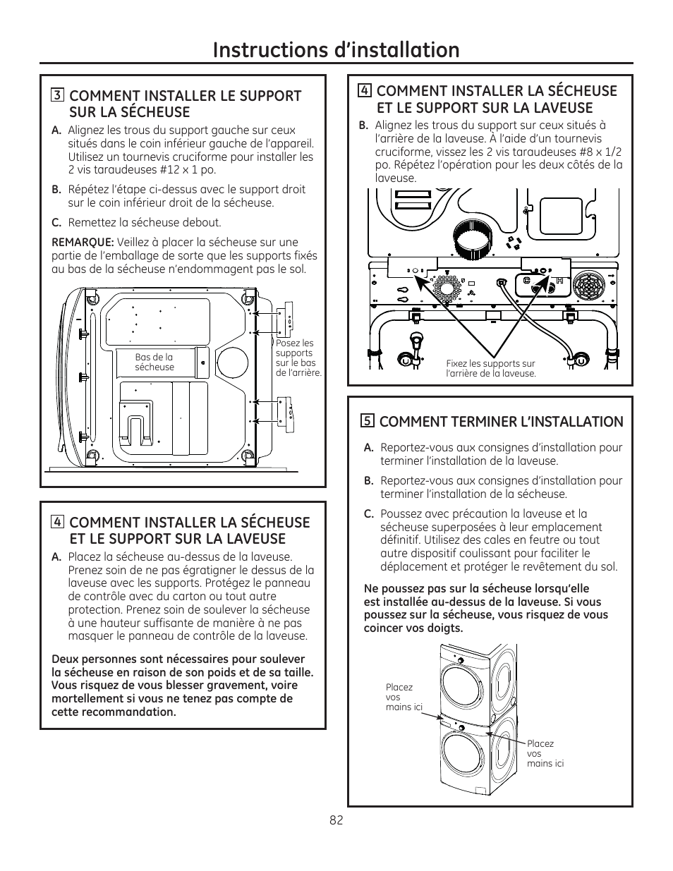 Instructions d’installation, Comment installer le support sur la sécheuse, Comment terminer l’installation | GE GFDR480GFWW User Manual | Page 82 / 144