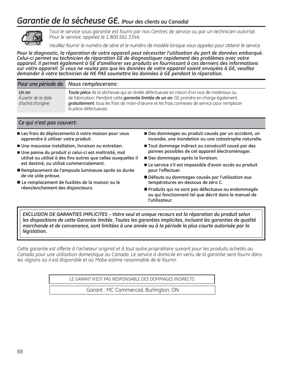 Garantie de la sécheuse ge | GE GFDR480GFWW User Manual | Page 88 / 144