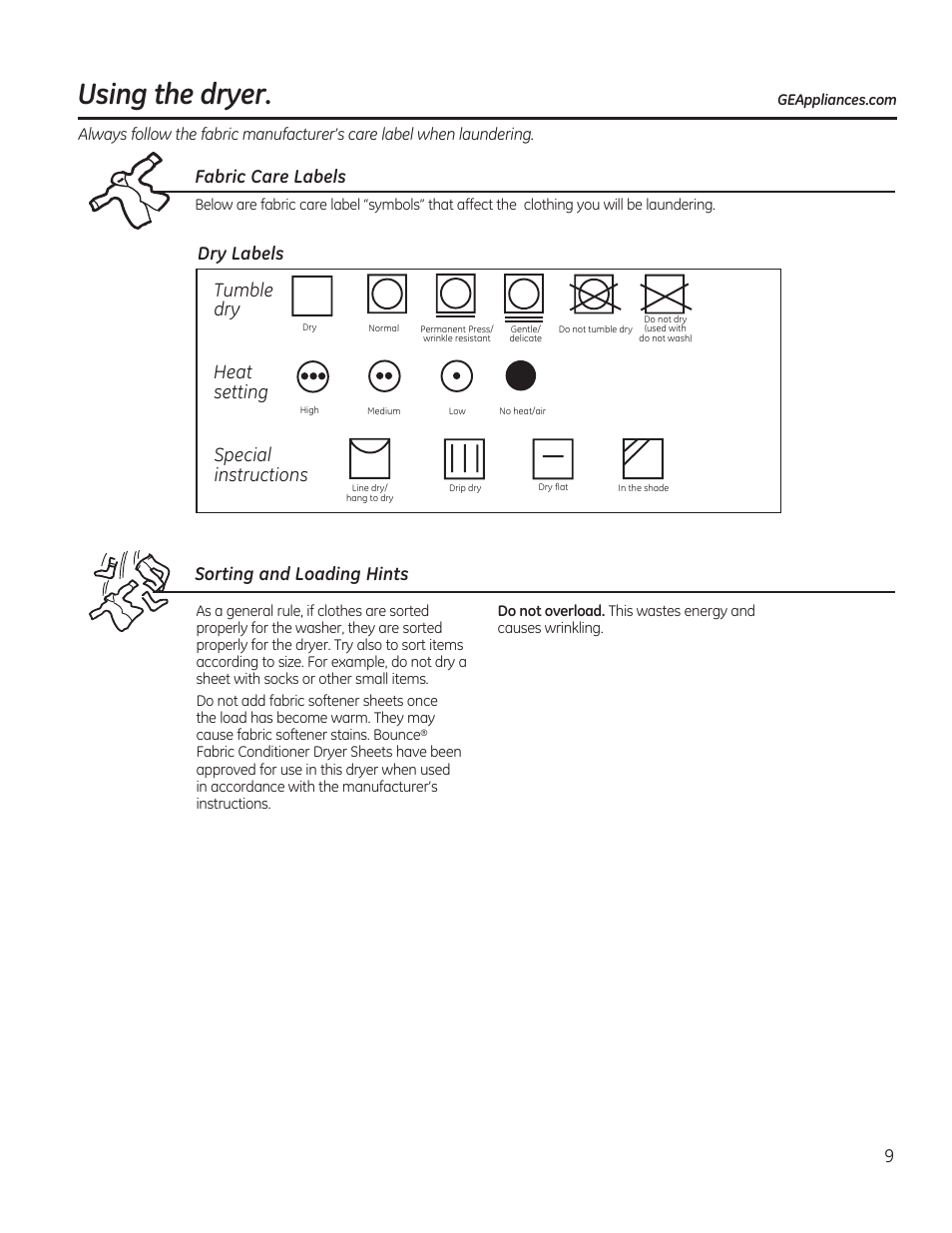 Using the dryer, Tumble dry, Heat setting | Special instructions, Fabric care labels, Dry labels, Sorting and loading hints | GE GFDR480GFWW User Manual | Page 9 / 144