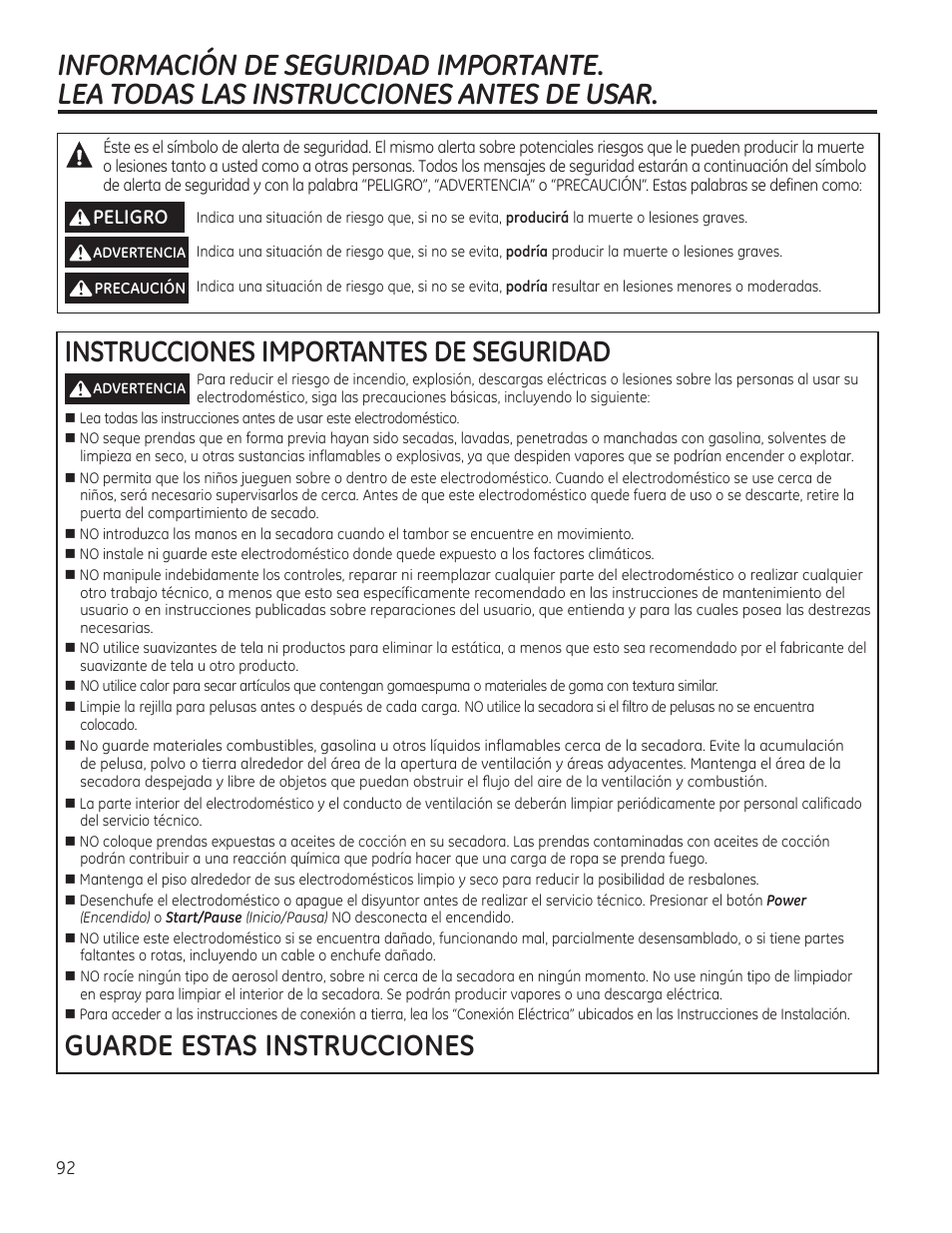 Instrucciones importantes de seguridad, Guarde estas instrucciones, Peligro | GE GFDR480GFWW User Manual | Page 92 / 144