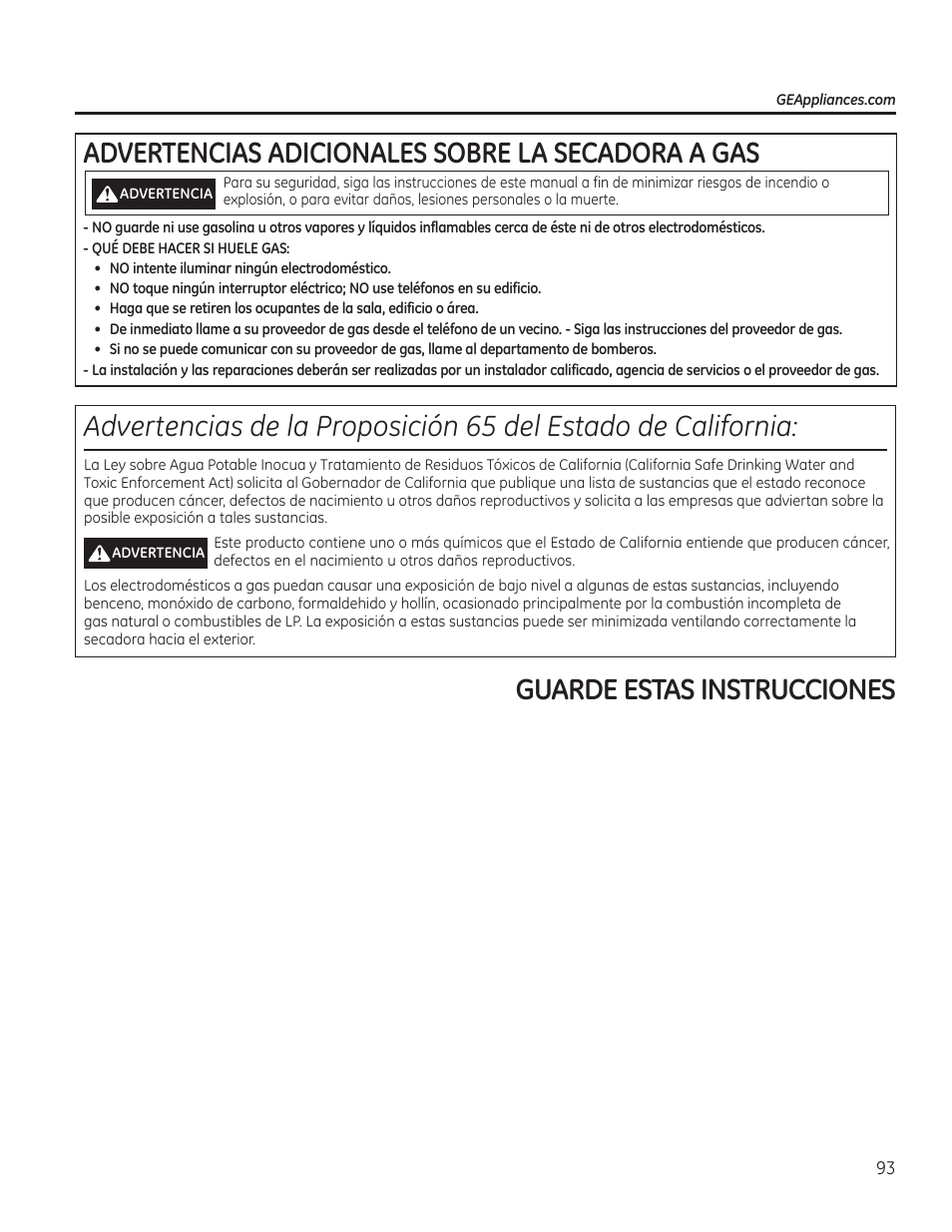 Advertencias adicionales sobre la secadora a gas | GE GFDR480GFWW User Manual | Page 93 / 144