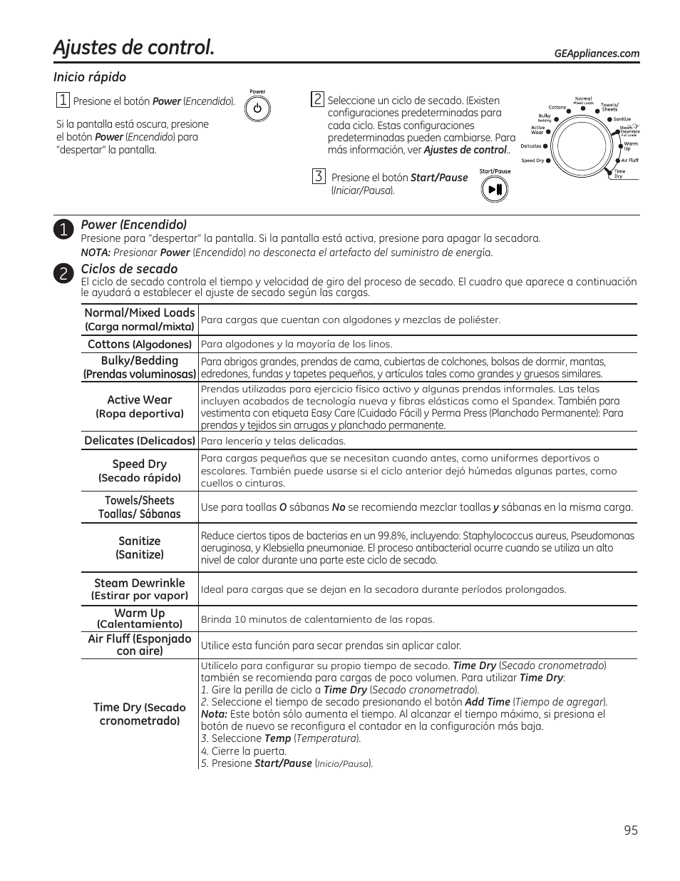 Ajustes de control | GE GFDR480GFWW User Manual | Page 95 / 144
