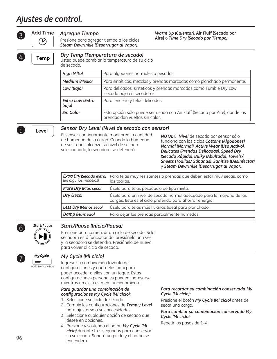 Ajustes de control | GE GFDR480GFWW User Manual | Page 96 / 144