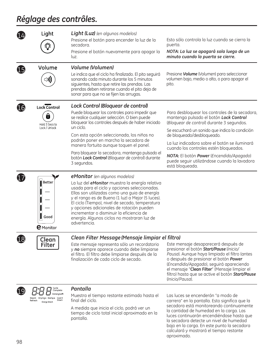 Réglage des contrôles | GE GFDR480GFWW User Manual | Page 98 / 144