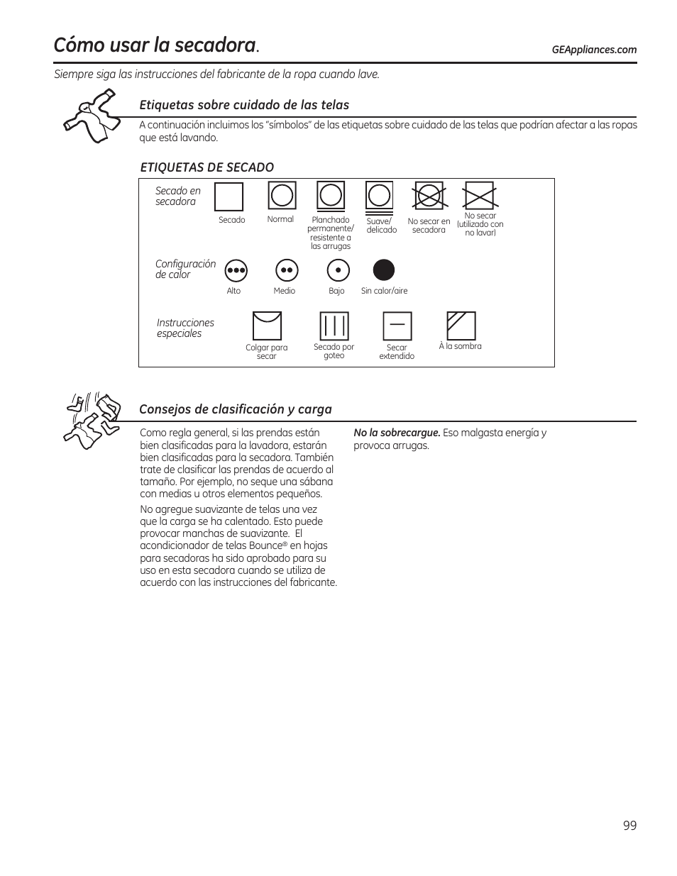 Cómo usar la secadora, Tumble dry, Heat setting | Special instructions, Etiquetas sobre cuidado de las telas, Etiquetas de secado, Consejos de clasificación y carga | GE GFDR480GFWW User Manual | Page 99 / 144