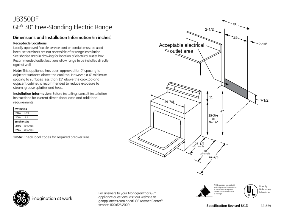 GE JB350DFWW User Manual | 2 pages
