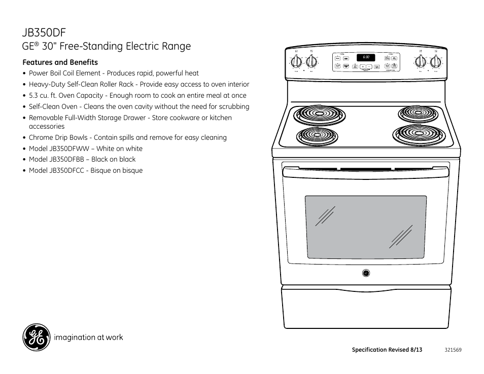 Jb350df, 30" free-standing electric range | GE JB350DFWW User Manual | Page 2 / 2
