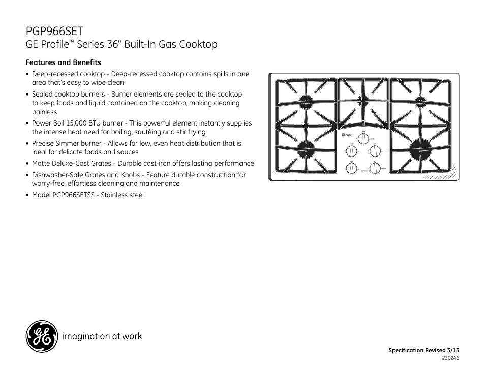 Pgp966set, Ge profile, Series 36" built-in gas cooktop | GE PGP966SETSS User Manual | Page 2 / 2