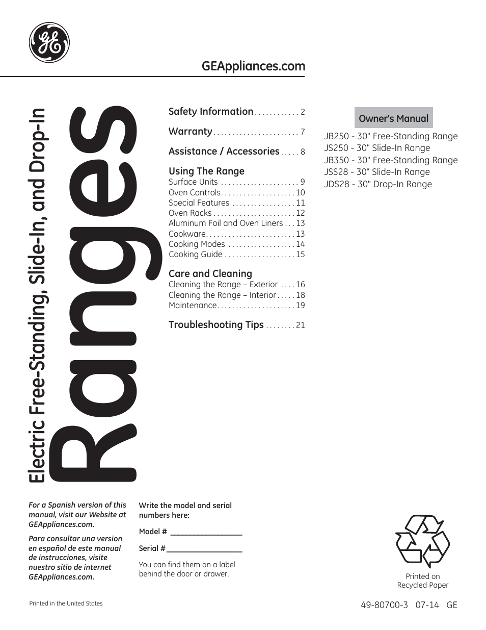 GE JSS28DNBB User Manual | 48 pages