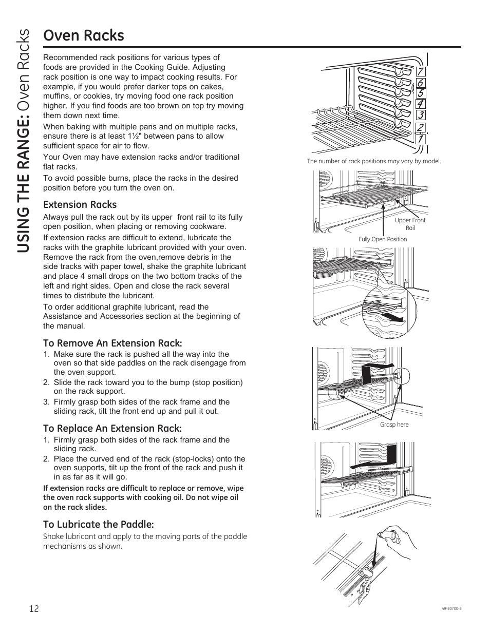 Using the range: o ven racks, Oven racks | GE JSS28DNBB User Manual | Page 12 / 48