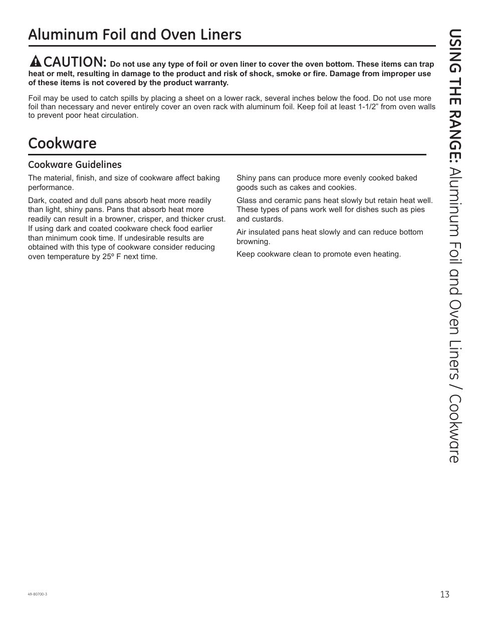 Cookware, Aluminum foil and oven liners, Caution | GE JSS28DNBB User Manual | Page 13 / 48