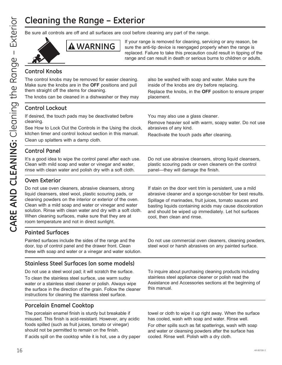 Care and cle aning: cleaning the range – exterior, Cleaning the range – exterior, Warning | GE JSS28DNBB User Manual | Page 16 / 48