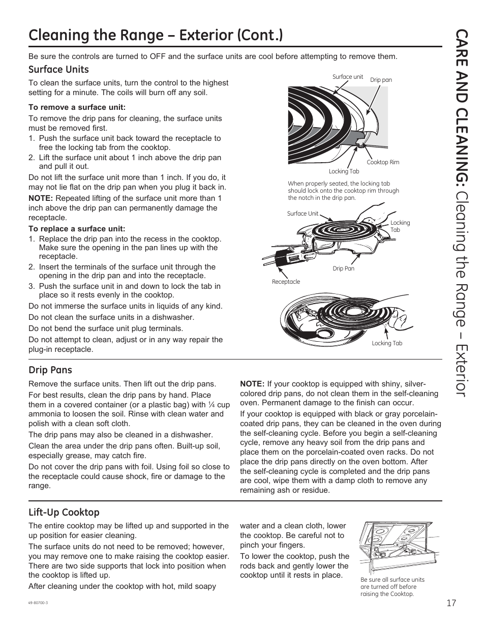Care and cle aning: cleaning the range – exterior, Cleaning the range – exterior (cont.), Surface units | Drip pans, Lift-up cooktop | GE JSS28DNBB User Manual | Page 17 / 48